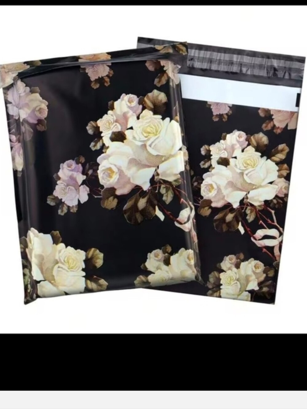 20 Floral Black & Cream Rose Poly Bags 9.8"X -13.1" & 20 Random Thank You Cards